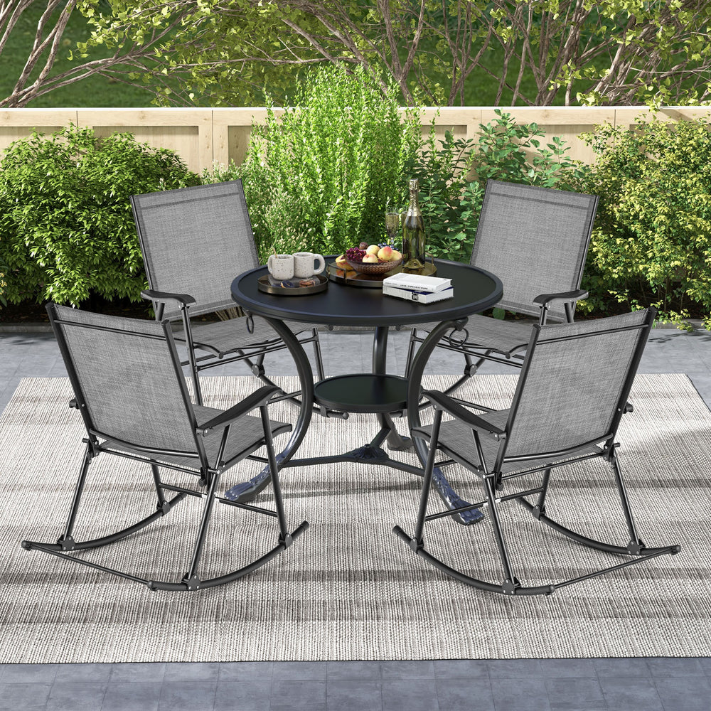 Set of 2 gray folding rocking chairs with breathable fabric, featuring ergonomic design for outdoor relaxation.