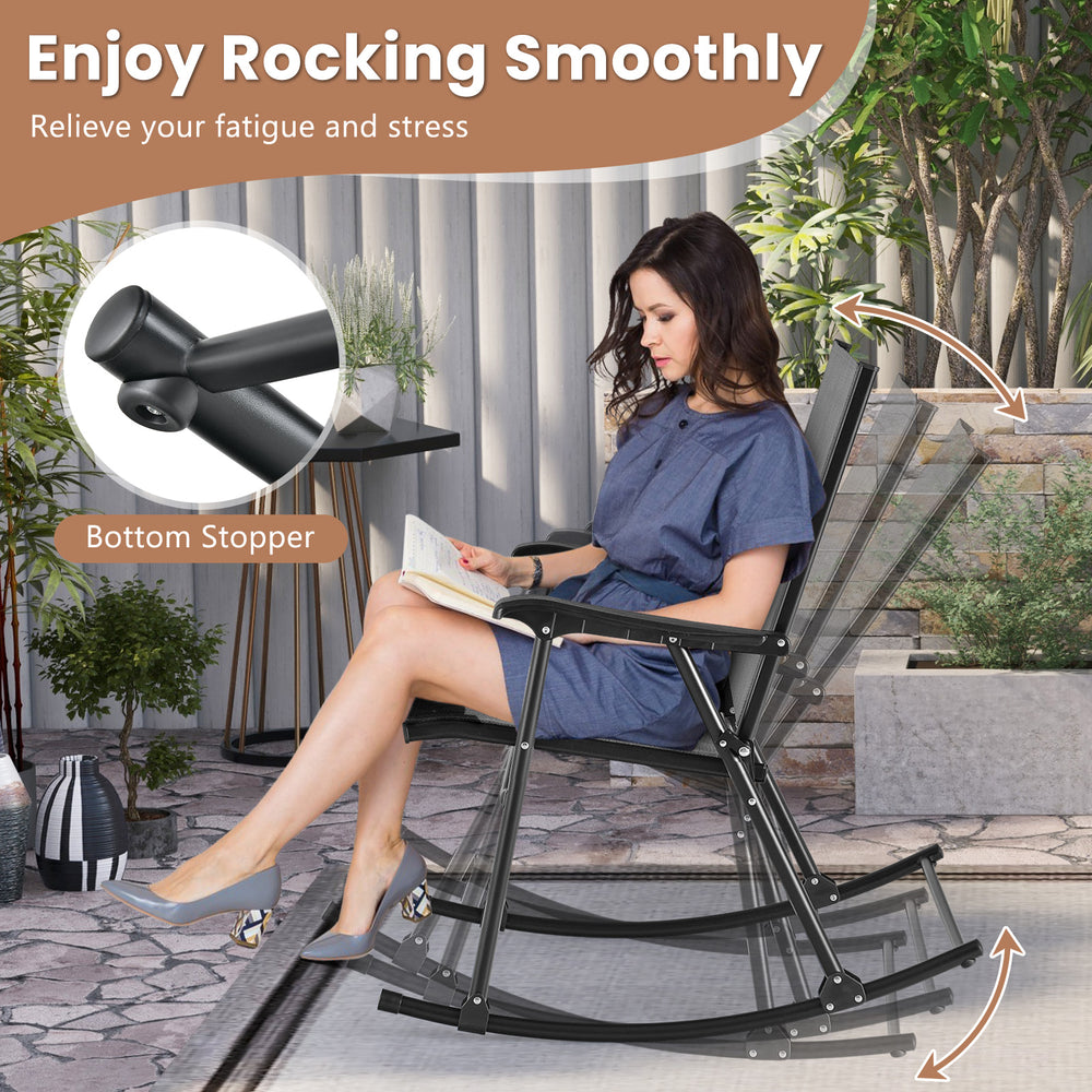 Folding rocking chair with breathable gray fabric, featuring ergonomic design and smooth rocking for relaxation.