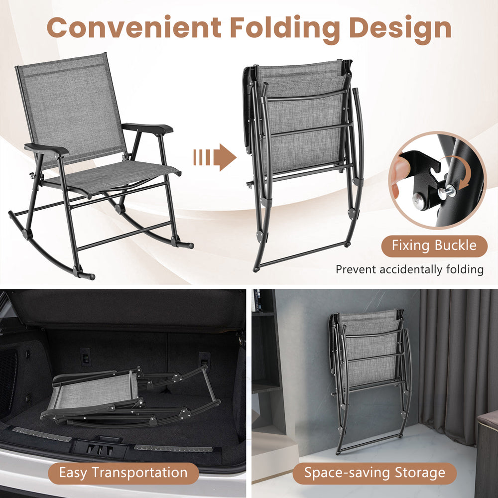 Folding rocking chair set of 2 in gray with breathable fabric, ergonomic design, and space-saving storage feature.