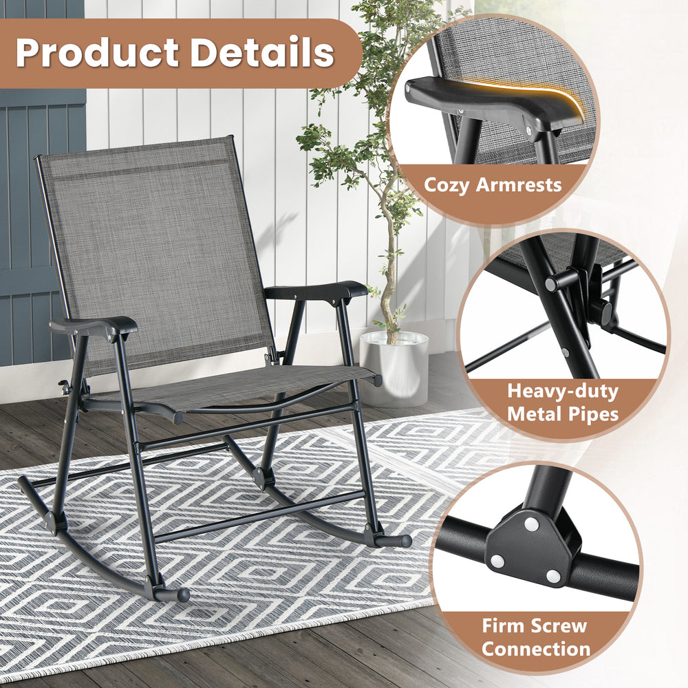 Folding rocking chair in gray with breathable seat fabric, ergonomic design, and heavy-duty metal frame for comfort.
