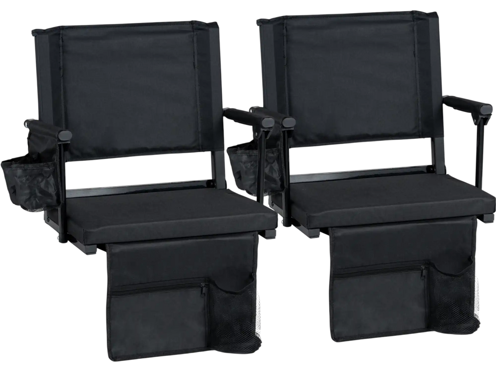 Set of 2 black folding stadium seats with cup holders, pockets, and high back design for comfortable outdoor events.