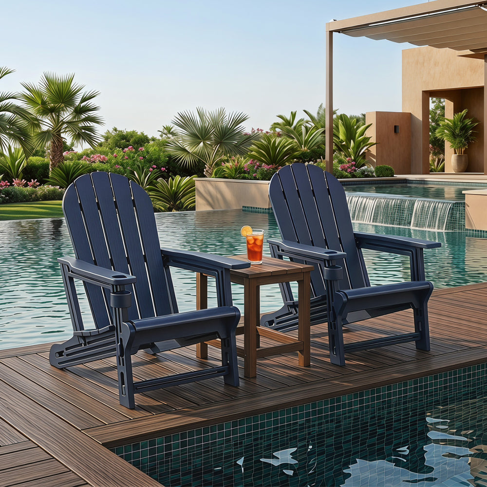 Two blue HDPE Adirondack chairs with cup holder, featuring a wood-like texture, perfect for patio relaxation.