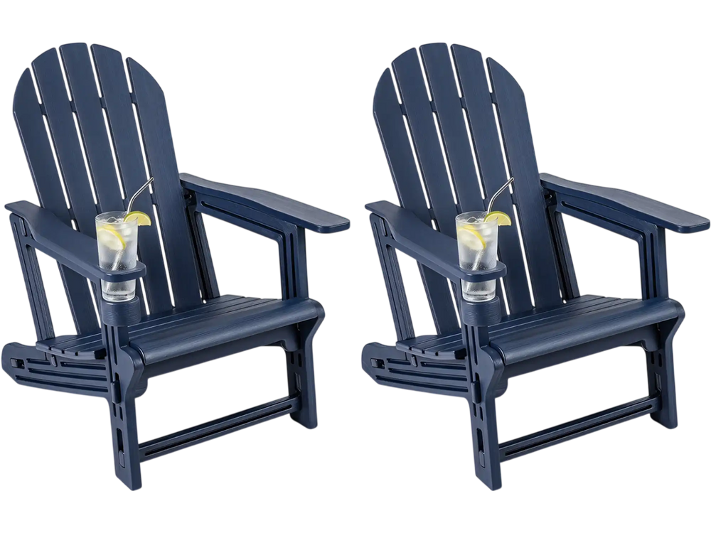 Set of 2 blue HDPE Adirondack chairs with cup holders, featuring a wooden texture, perfect for patio relaxation.