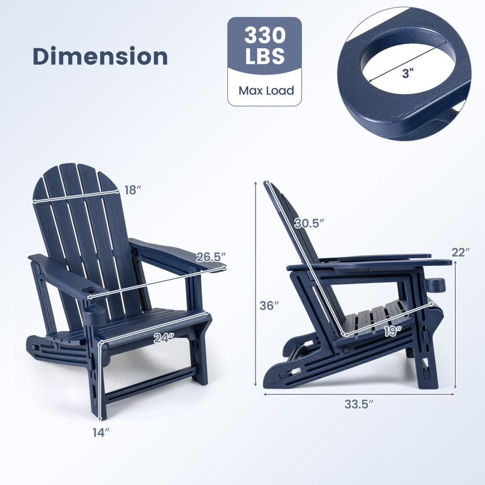Adirondack chair in blue with a cup holder, made of weather-resistant HDPE, perfect for patio and backyard relaxation.
