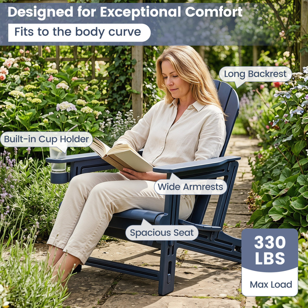 Blue HDPE Adirondack chair with built-in cup holder, ergonomic backrest, and spacious seat for outdoor relaxation.