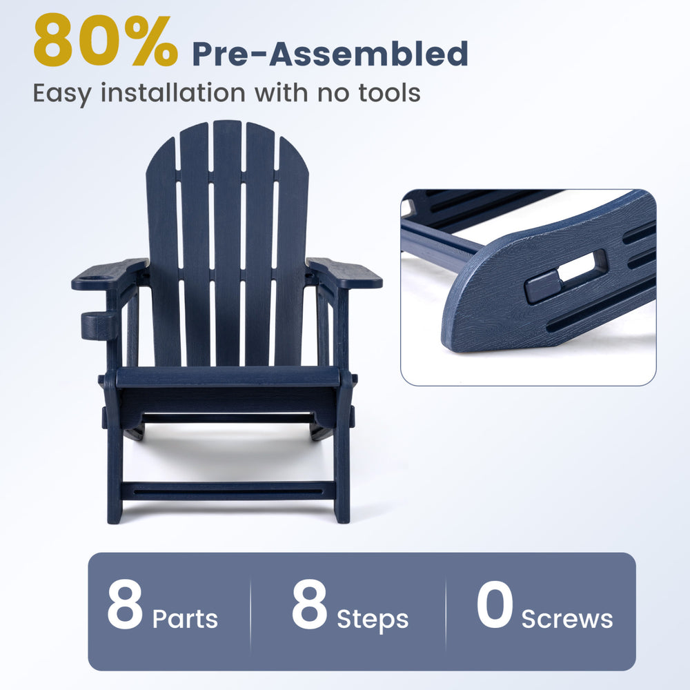 Adirondack chair in blue with cup holder, made of weather-resistant HDPE, perfect for patio and outdoor relaxation.