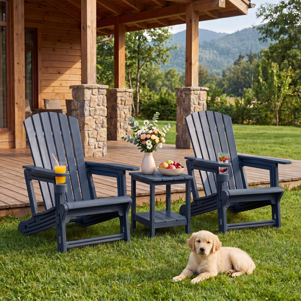 Set of 2 HDPE Adirondack Chair with Cup Holder and Wood-Like Texture  for Garden-Blue - Gallery View 1 of 10