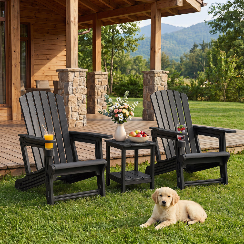 Two black HDPE Adirondack chairs with cup holders and wood-like texture, perfect for relaxing in the garden or patio.