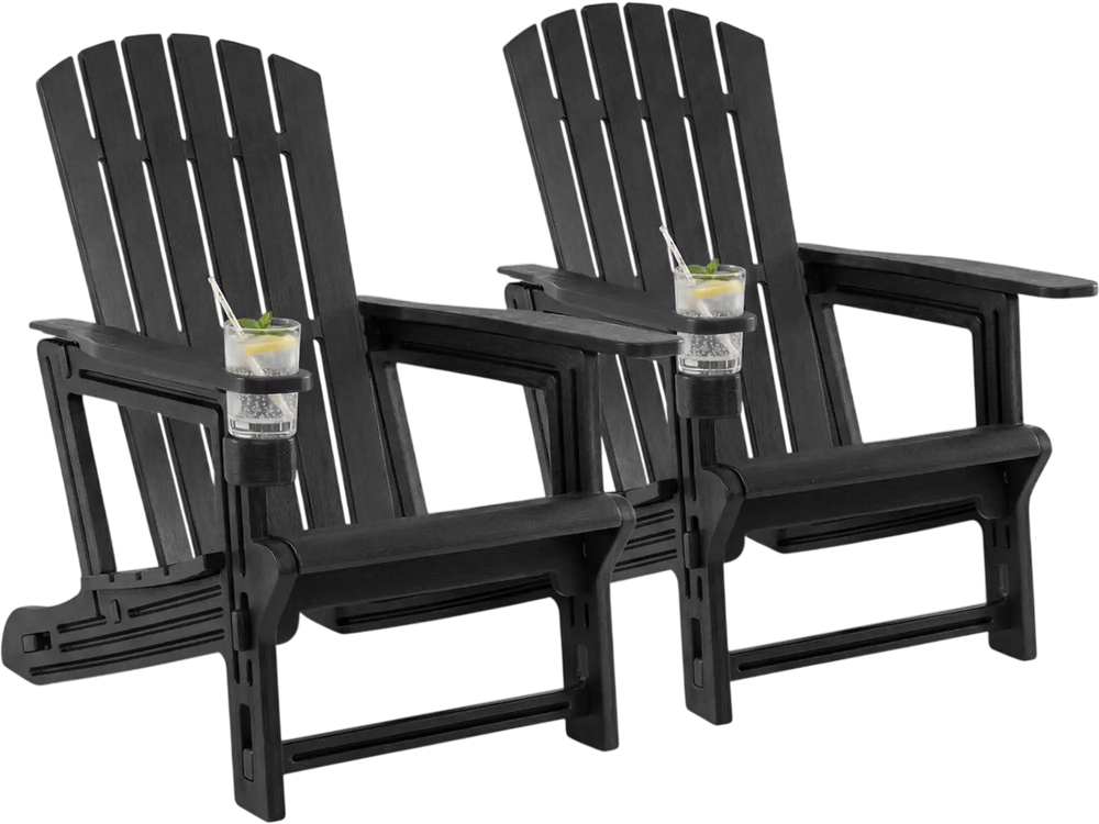 Set of 2 black HDPE Adirondack chairs with cup holders, featuring a wood-like texture for outdoor relaxation.