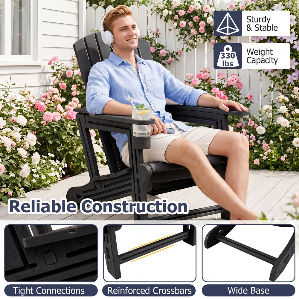 Black HDPE Adirondack chair with cup holder, featuring a wood-like texture and sturdy construction for outdoor relaxation.
