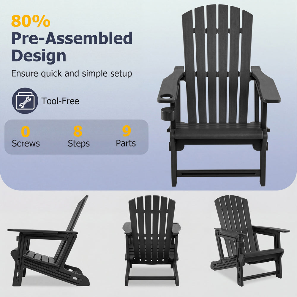 Black HDPE Adirondack chair with cup holder features a wood-like texture and 80% pre-assembled design for easy setup.