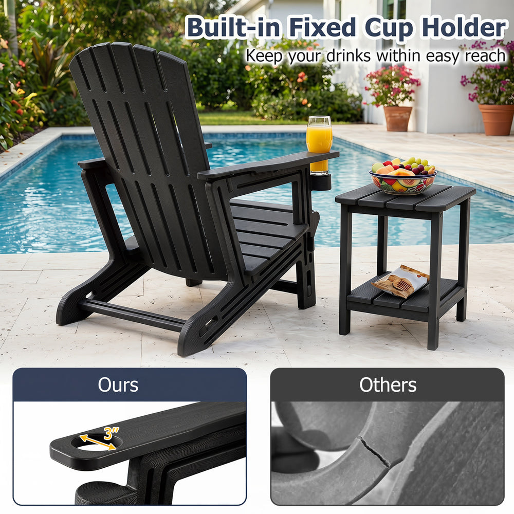 Black HDPE Adirondack chair with built-in cup holder and wood-like texture, perfect for relaxing by the poolside.