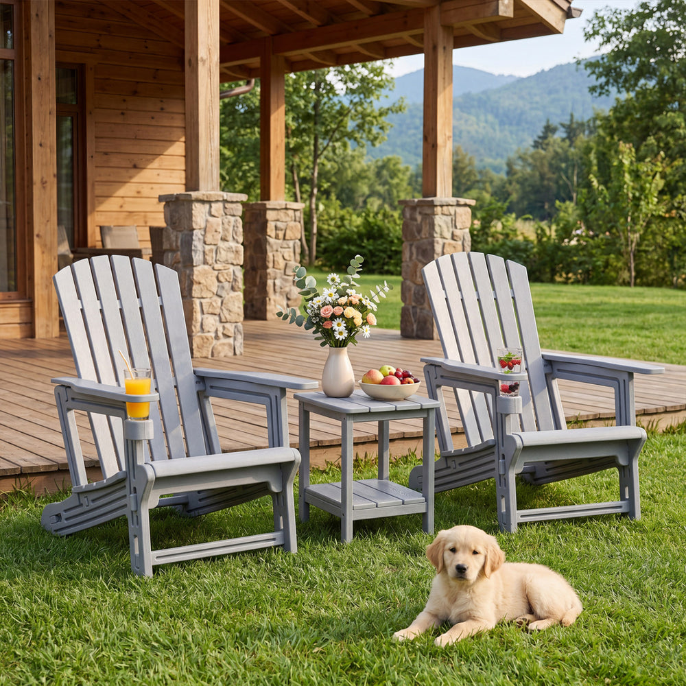 Set of 2 HDPE Adirondack Chair with Cup Holder and Wood-Like Texture  for Garden-Gray - Gallery View 1 of 10