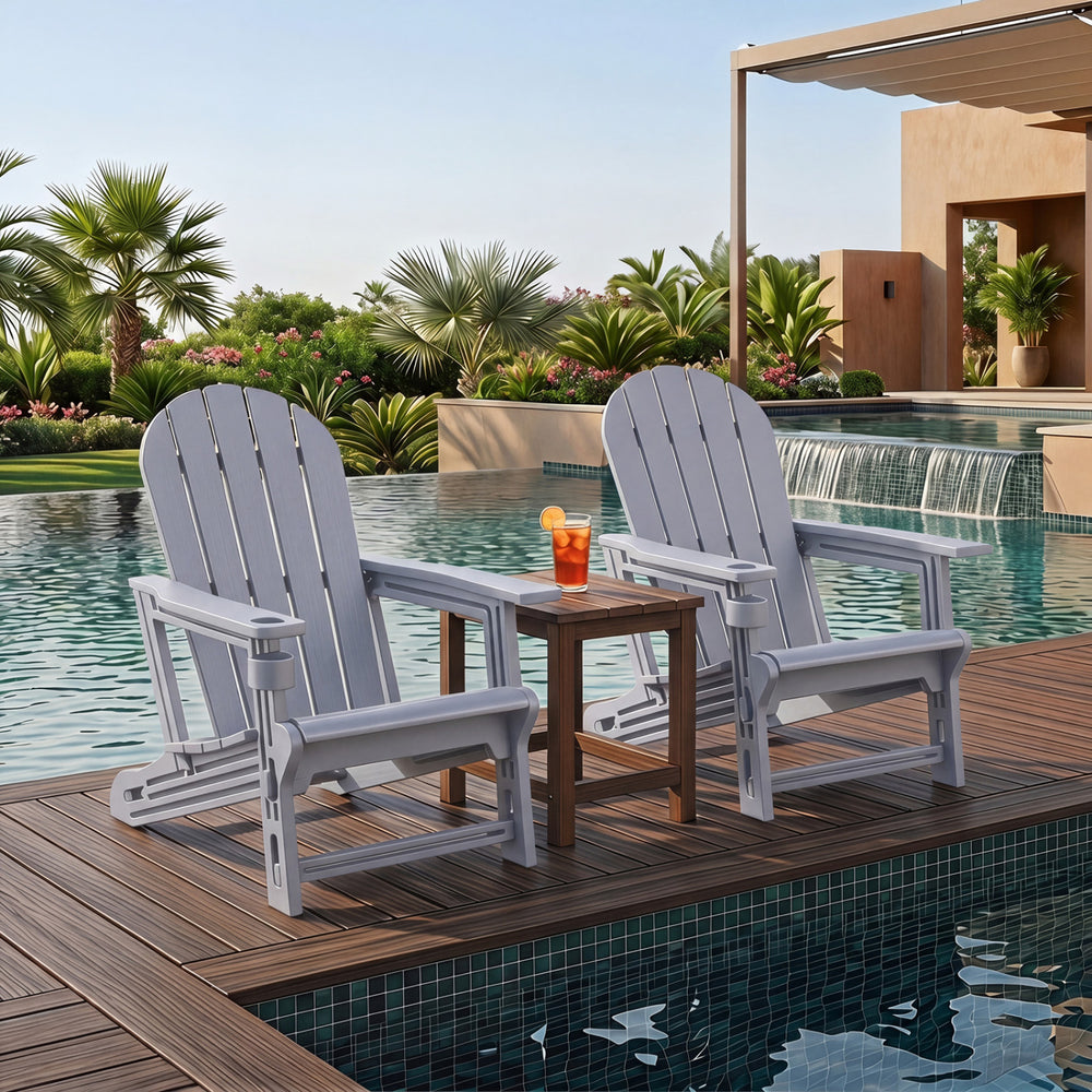 Set of 2 HDPE Adirondack Chair with Cup Holder and Wooden Texture for Patio-Gray - Gallery View 1 of 8