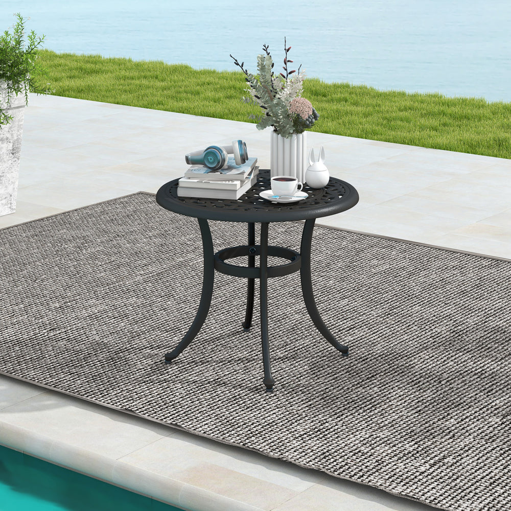 Antique brown outdoor aluminum side table with elegant patterns, perfect for patio or poolside use.