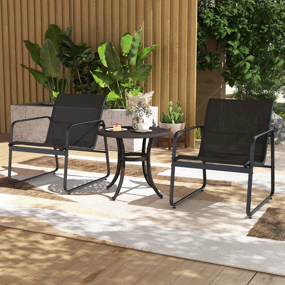 Set of 2 antique brown outdoor aluminum side tables with adjustable footpads, perfect for patio or balcony use.