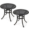 Set of 2 antique brown outdoor aluminum side tables with elegant patterns and adjustable footpads for patio use.