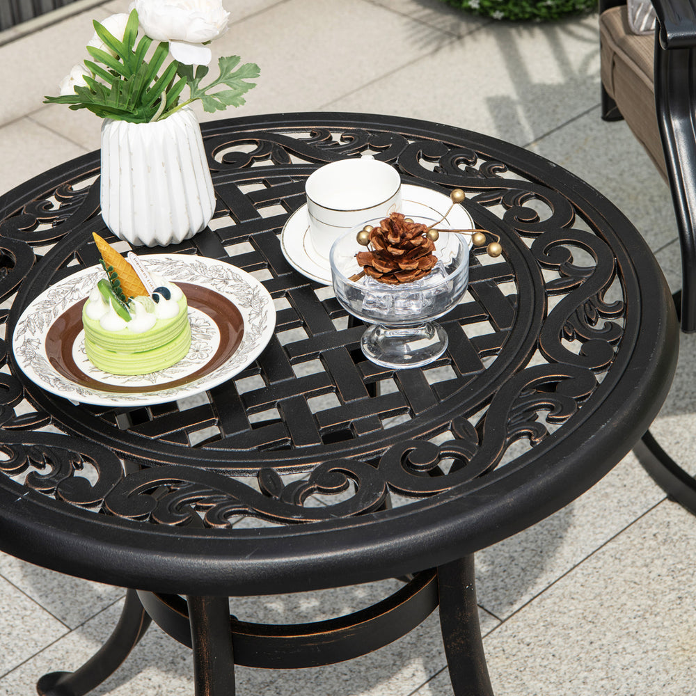 Antique brown aluminum side table featuring elegant patterns, perfect for patio use with adjustable footpads for.