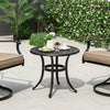 Antique brown aluminum side table featuring elegant patterns, perfect for patio or poolside use.