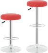 Height-adjustable red swivel bar stools with chrome bases, featuring 360° swivel for versatile seating.