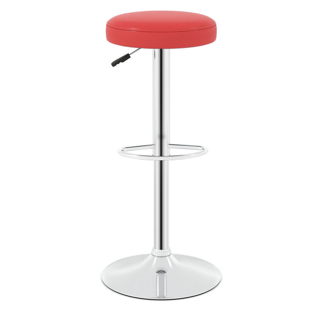 Height-adjustable red swivel bar stool with chrome base, perfect for modern kitchen or bar settings.
