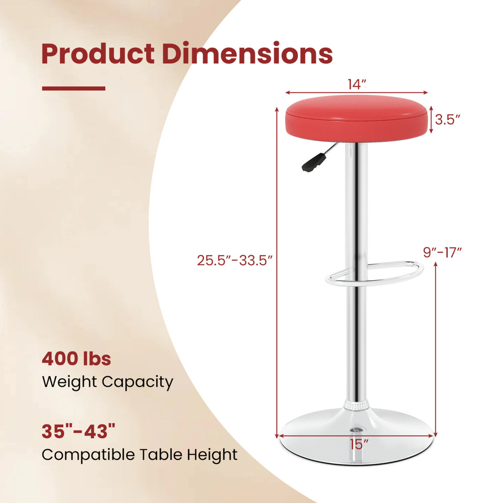 Height-adjustable red swivel bar stool dimensions with 400 lbs capacity, suitable for tables 35"-43" high.