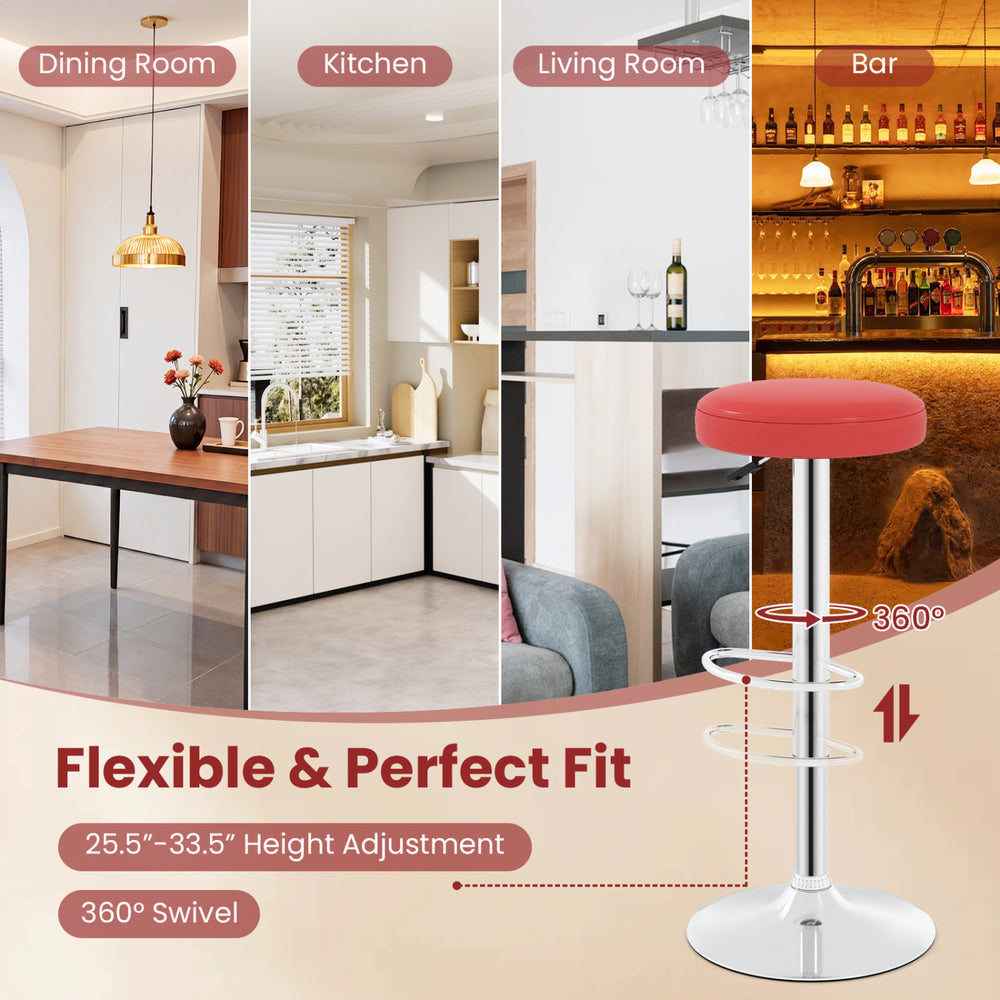 Height-adjustable red swivel bar stool with 360° swivel, perfect for dining, kitchen, or bar use.