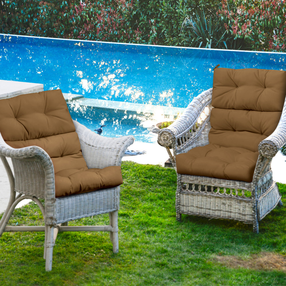 High back chair cushions in brown, adjustable height, placed on wicker chairs by a poolside for outdoor relaxation.