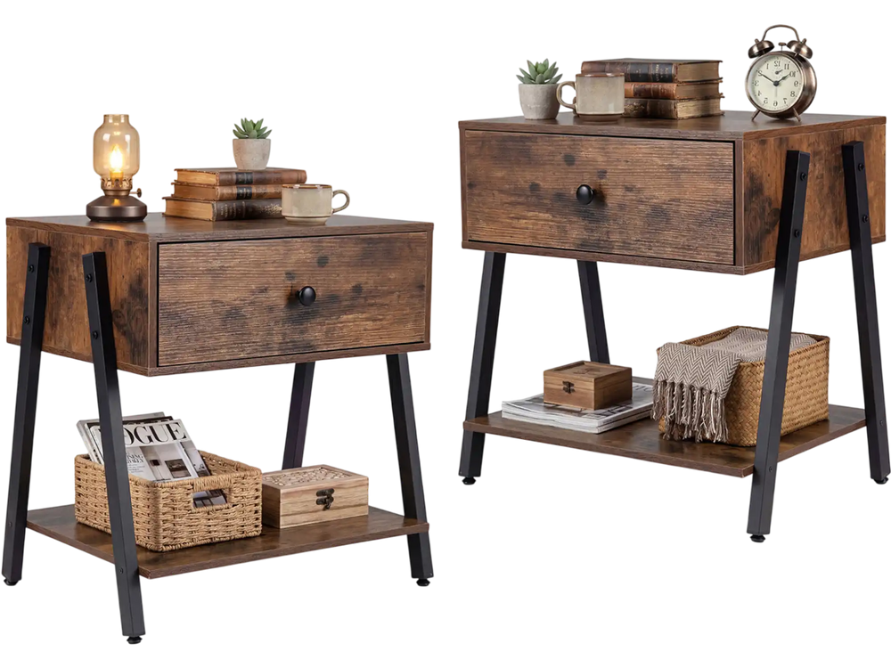 Industrial nightstand set in rustic brown featuring a spacious tabletop, drawer, and open storage shelf for versatile use.