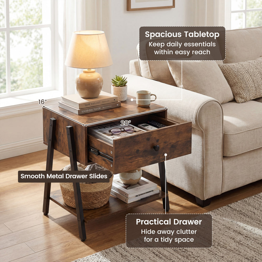 Rustic brown industrial nightstand featuring a spacious 20"x16" tabletop, practical drawer, and adjustable foot pads for stability.
