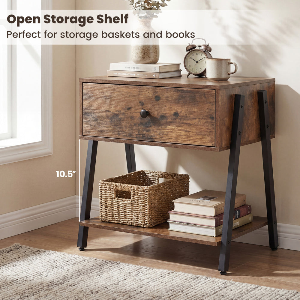 Rustic brown industrial nightstand features a spacious tabletop, practical drawer, and open shelf for storage in any room.