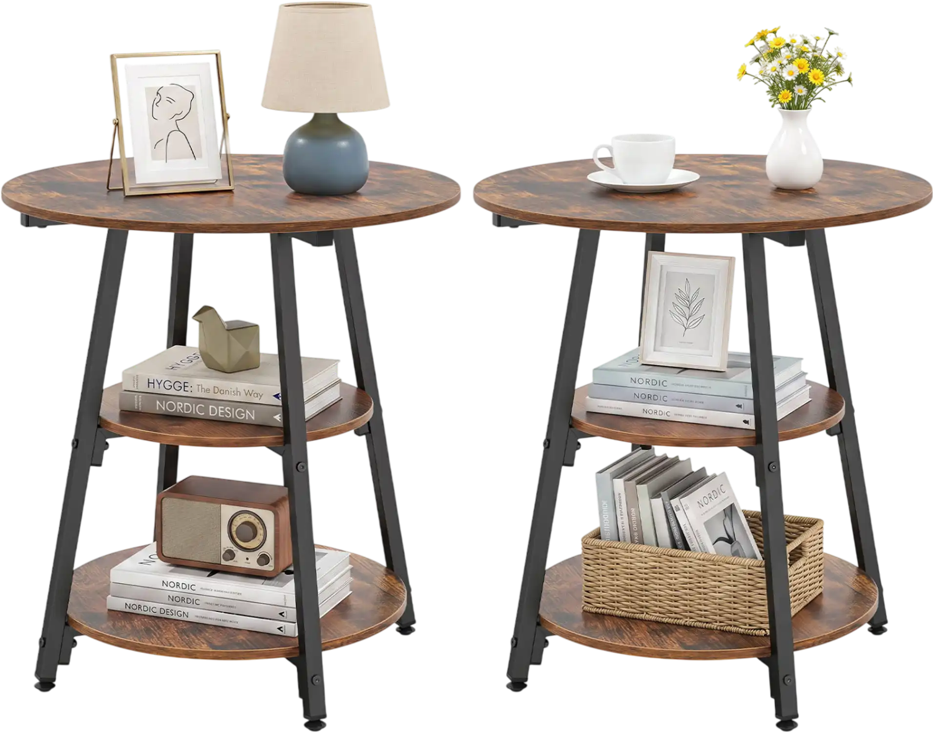 Costway Set of 2 Industrial Side Tables 3-Tier Shelves Metal Frame Small Space 92603915 New