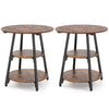 Set of 2 rustic brown industrial side tables with 3-tier shelves and sturdy metal frame for versatile home use.