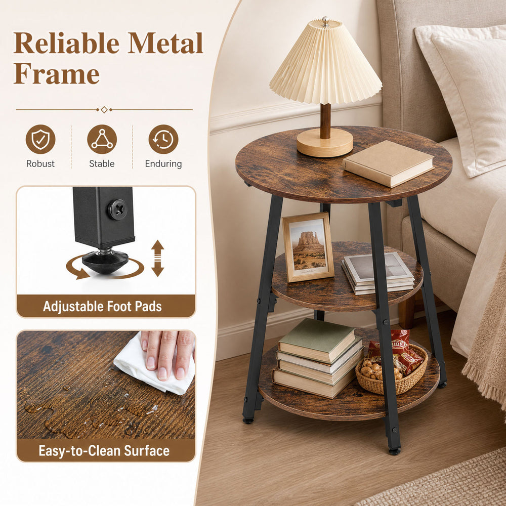 Rustic brown industrial side table with a 3-tier shelf and reliable metal frame, perfect for small spaces and easy maintenance.