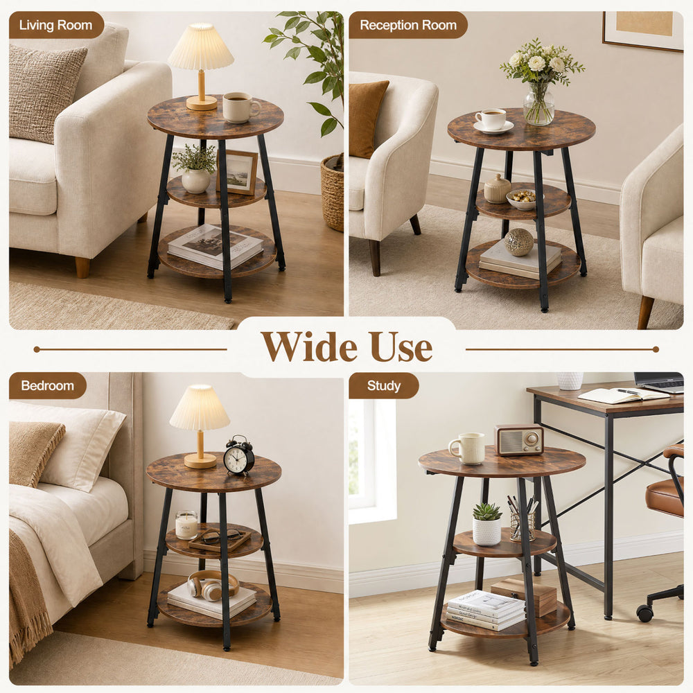 Rustic brown industrial side table with 3-tier shelves and metal frame, ideal for living room, bedroom, or study use.