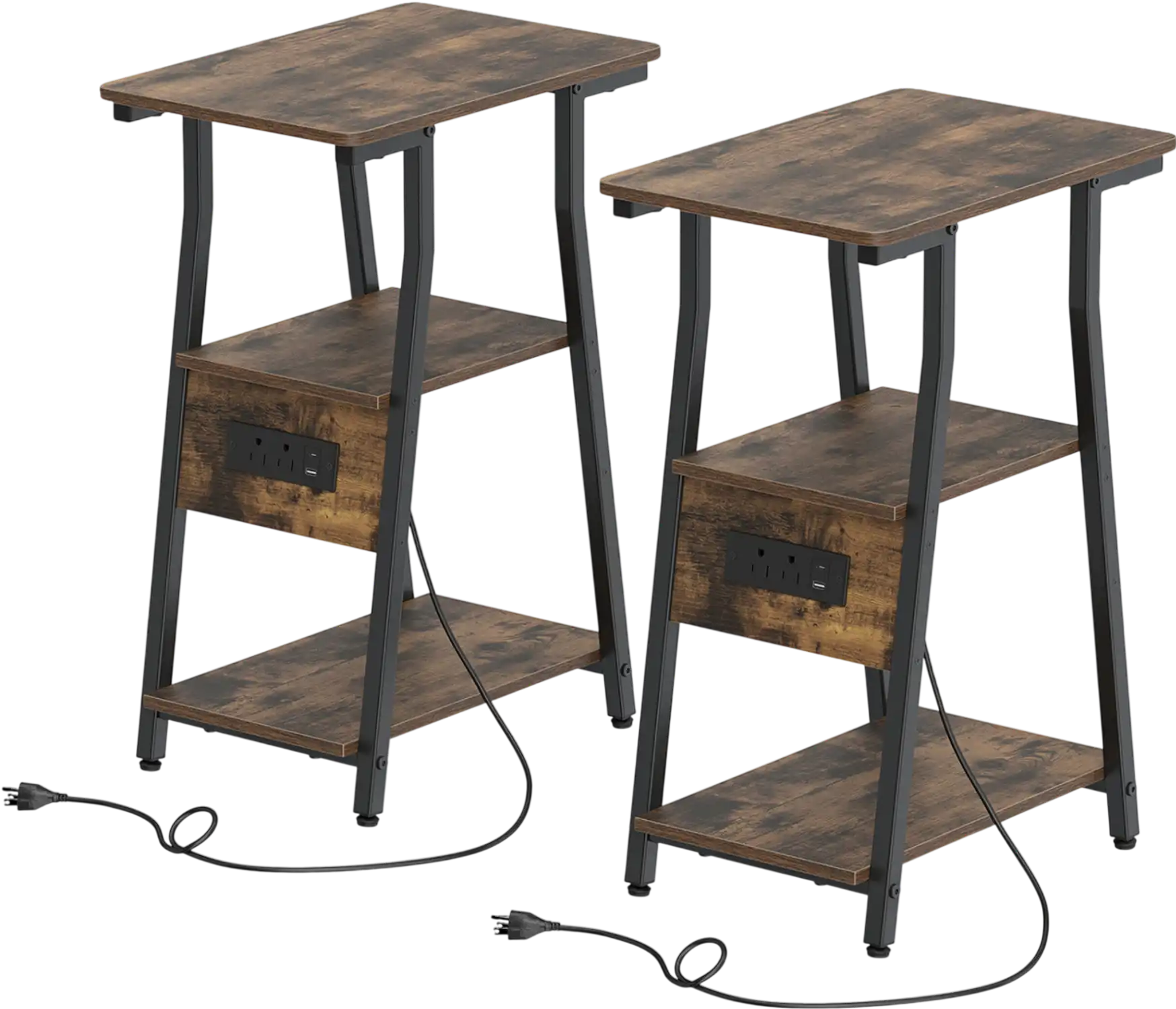 Costway Set of 2 Industrial Side Tables with Charging Station 3-Tier Shelves 52407215 New