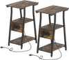 Set of 2 rustic brown industrial side tables with charging station and 3-tier shelves, ideal for small spaces.