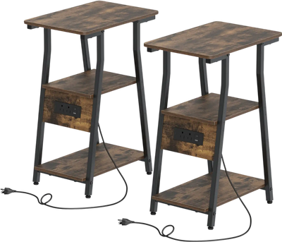 Costway Set of 2 Industrial Side Tables with Charging Station 3-Tier Shelves 52407215 New