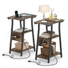 Set of 2 rustic brown industrial side tables with charging station, 3-tier shelves, and adjustable foot pads for small spaces.