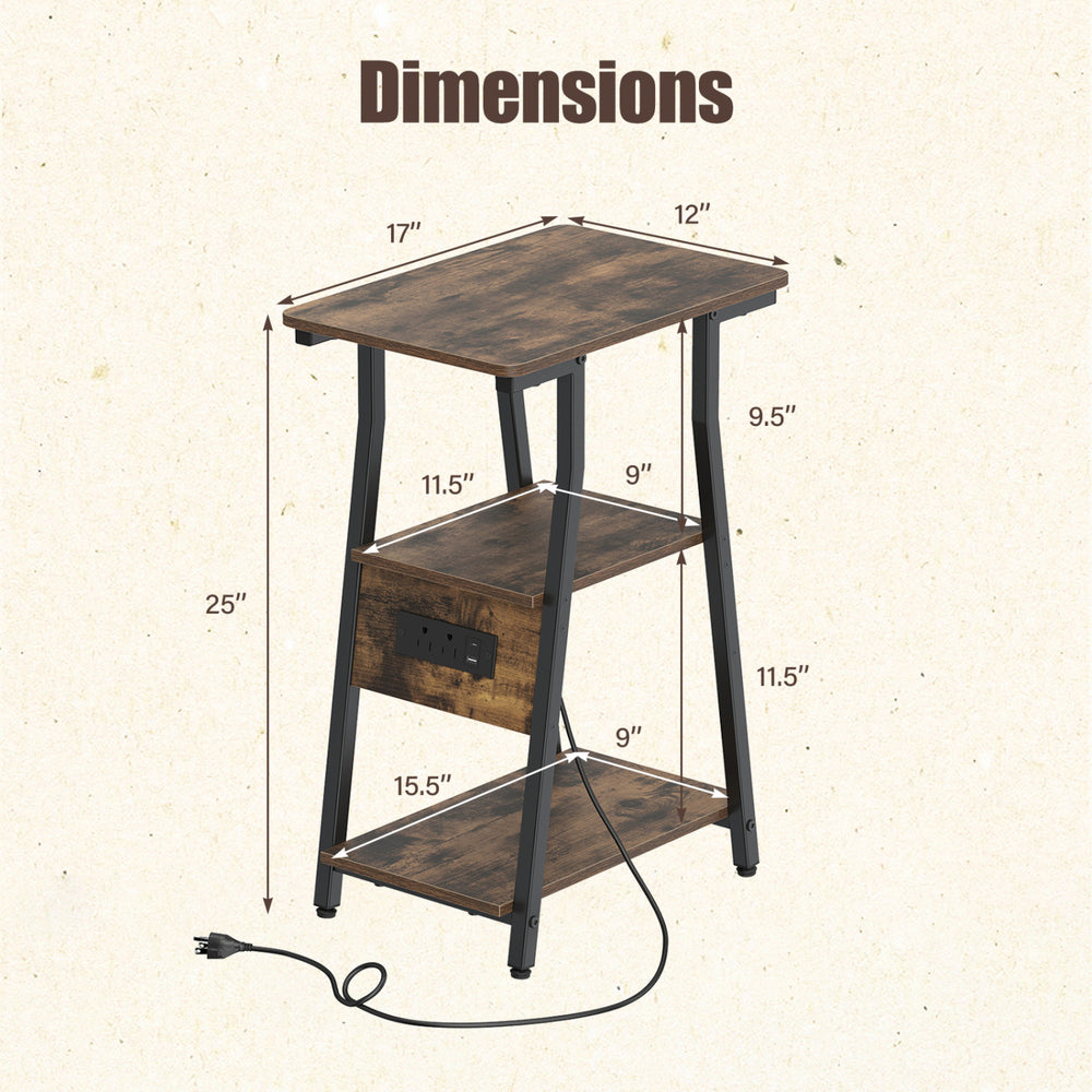Rustic brown industrial side table with dimensions, featuring a charging station and three-tier shelves for small spaces.