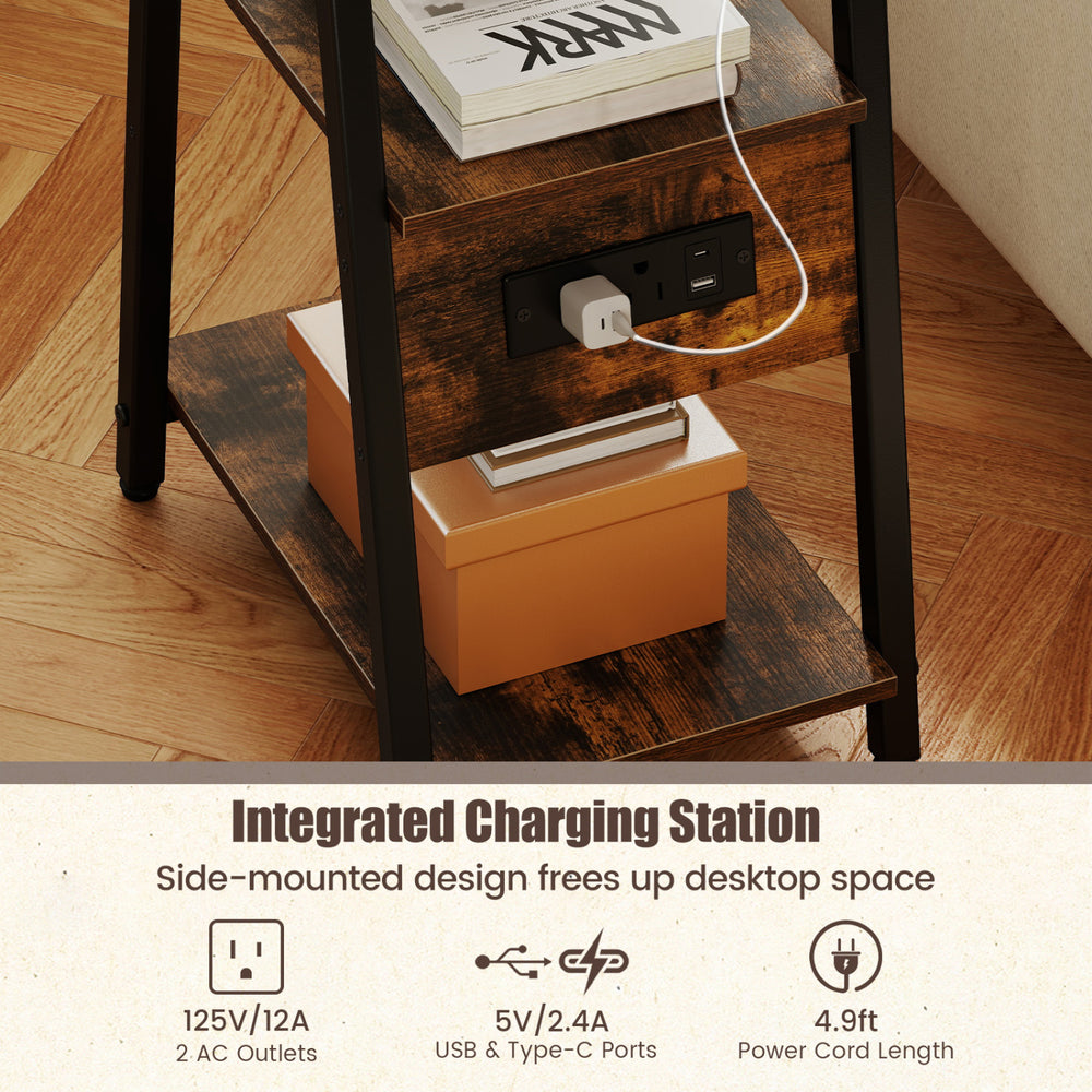 Rustic brown industrial side table featuring a charging station with 2 AC outlets and USB ports, ideal for small spaces.