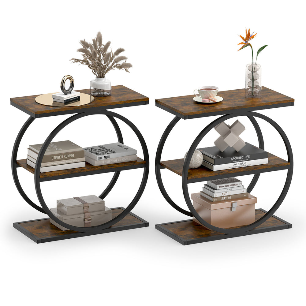 Set of 2 rustic brown industrial side tables with faux marble tops and metal frames, perfect for small spaces.