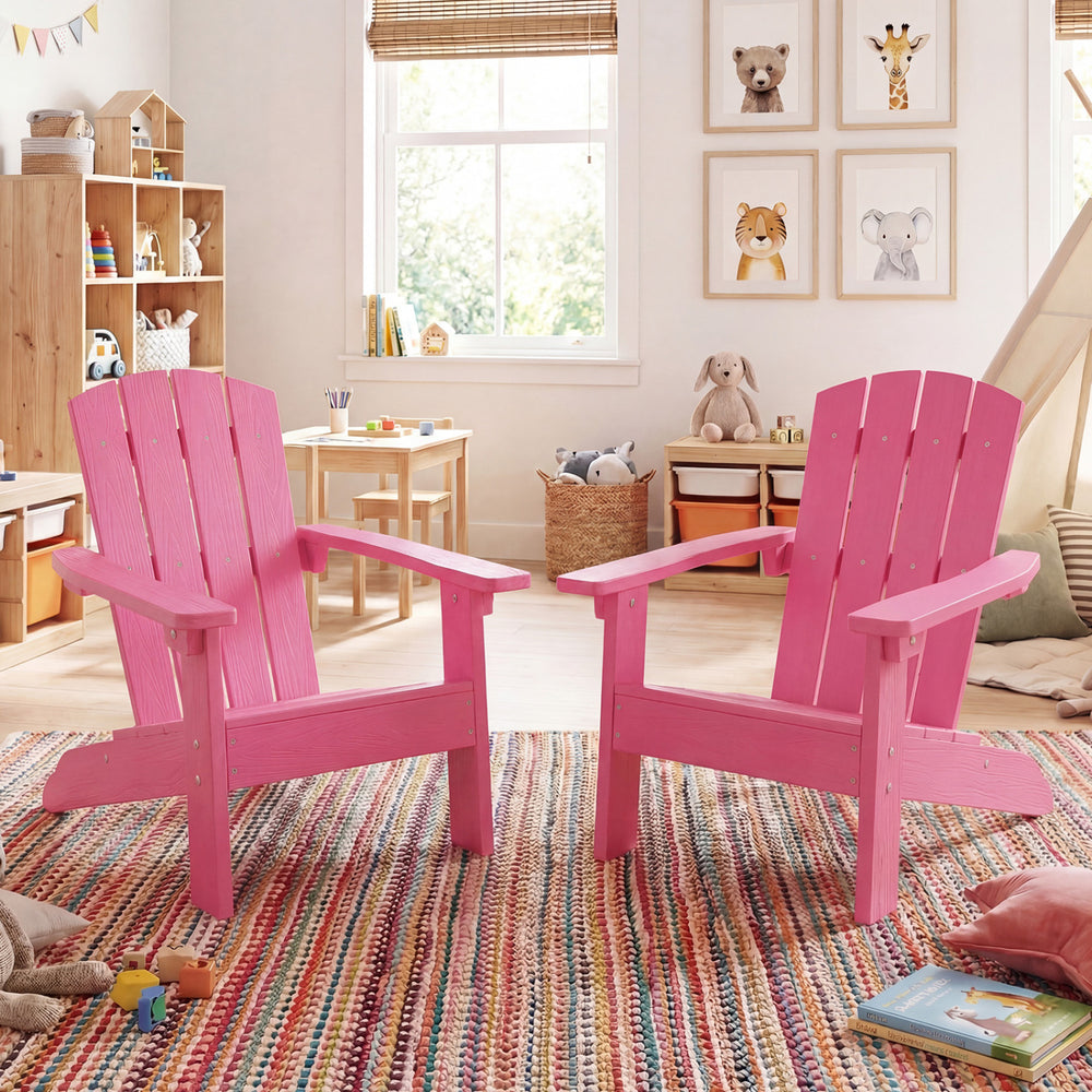 Set of 2 pink kid's Adirondack chairs with high backrest and armrests, perfect for indoor or outdoor use.