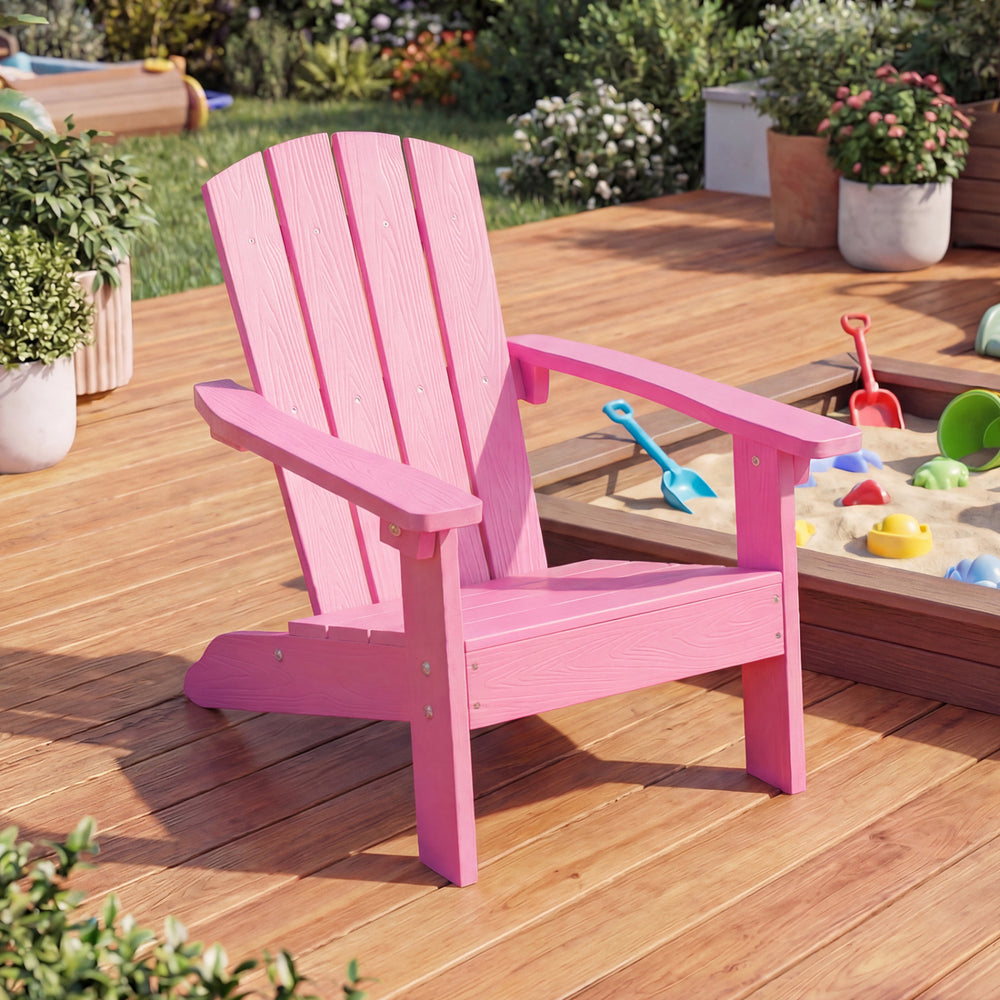 Kid's pink Adirondack chair with high backrest and wide armrests, perfect for outdoor relaxation and stability.