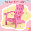 Kid's Adirondack chair dimensions in pink, featuring a high backrest and wide armrests for comfort and stability.