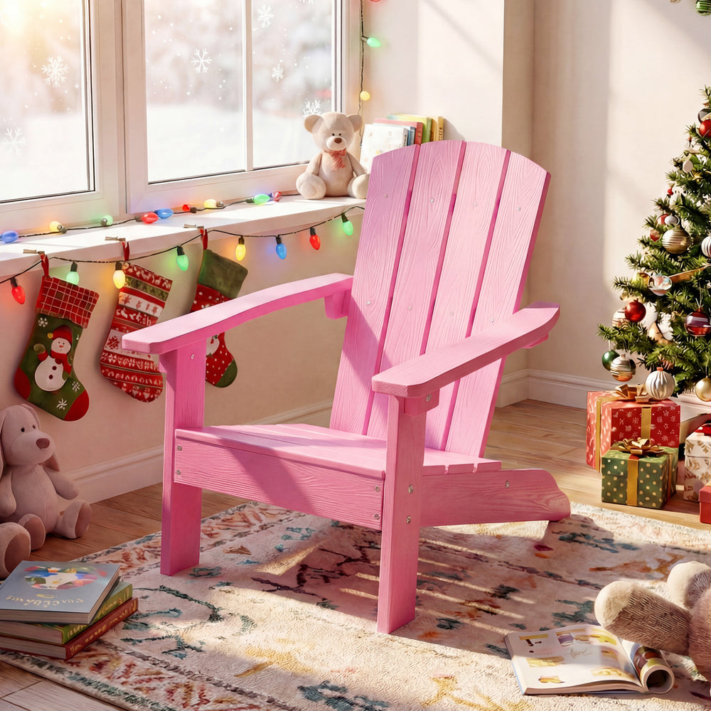 Pink kid's Adirondack chair with high backrest and armrests, perfect for indoor or outdoor relaxation for ages 3 to 8.
