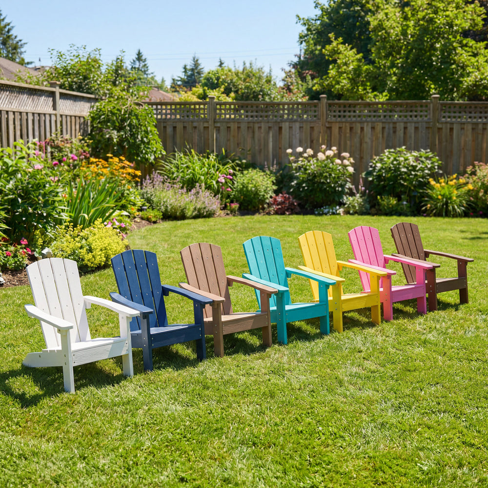 Set of 2 kid's Adirondack chairs in pink with high backrest and armrests, perfect for outdoor relaxation.
