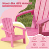 Kid's Adirondack chair in pink with high backrest, wide armrests, and all-weather HDPE material for indoor and outdoor.