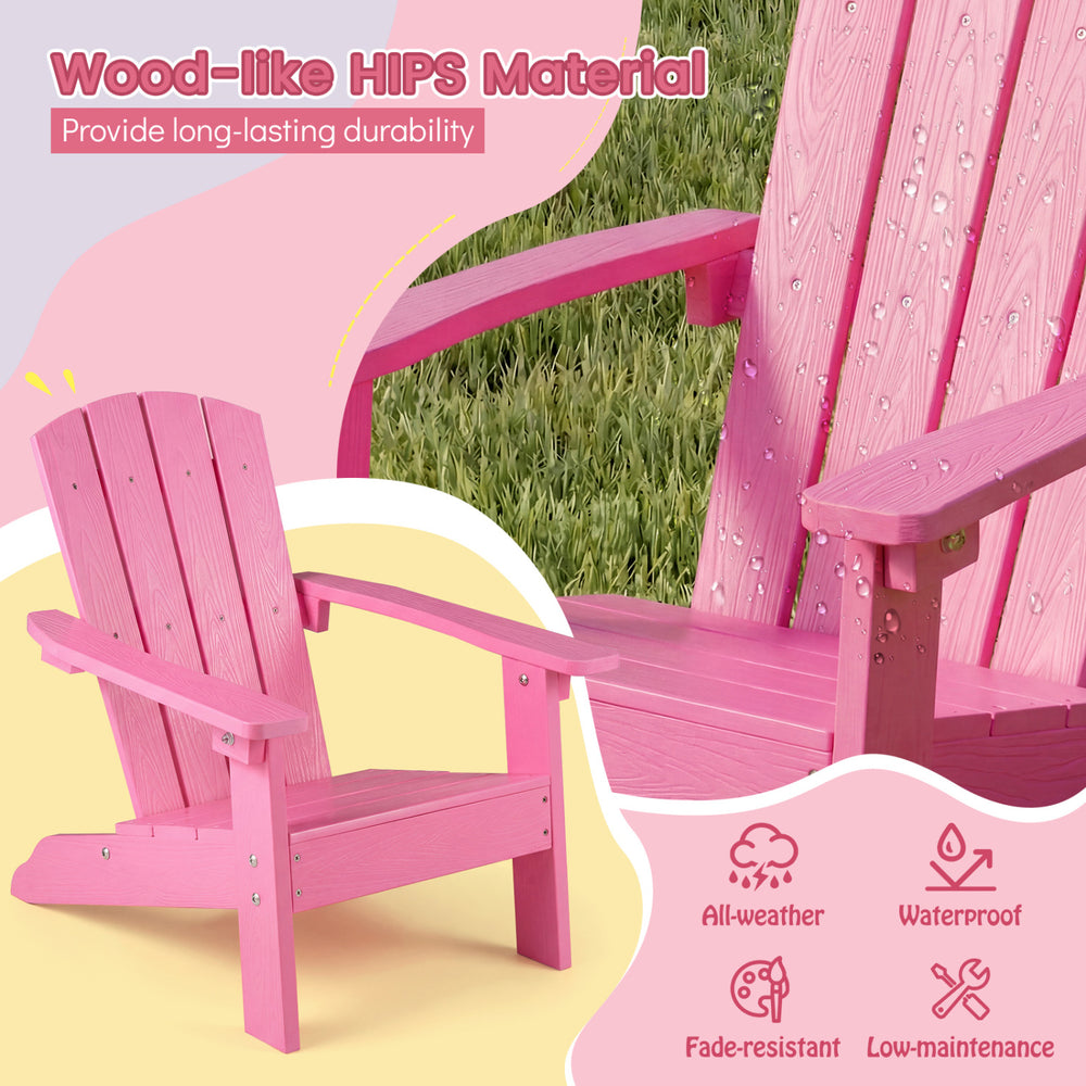 Kid's Adirondack chair in pink with high backrest, wide armrests, and all-weather HDPE material for indoor and outdoor.