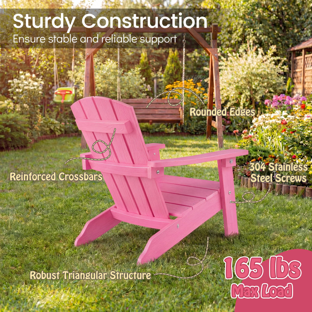 Kid's Adirondack chair in pink with high backrest, wide armrests, and sturdy construction for outdoor or indoor use.